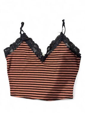 Bozzolo Black & Blood Orange Cropped Striped Lace-Trim Cami Tank